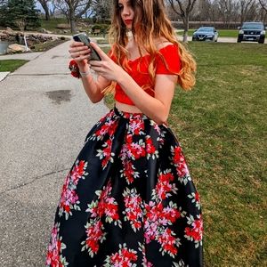 Two piece red floral dress